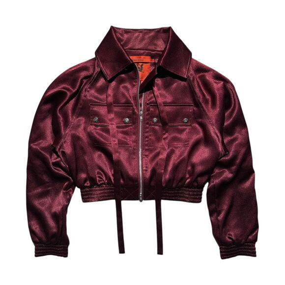 $1035 Satin draped sash cropped bomber